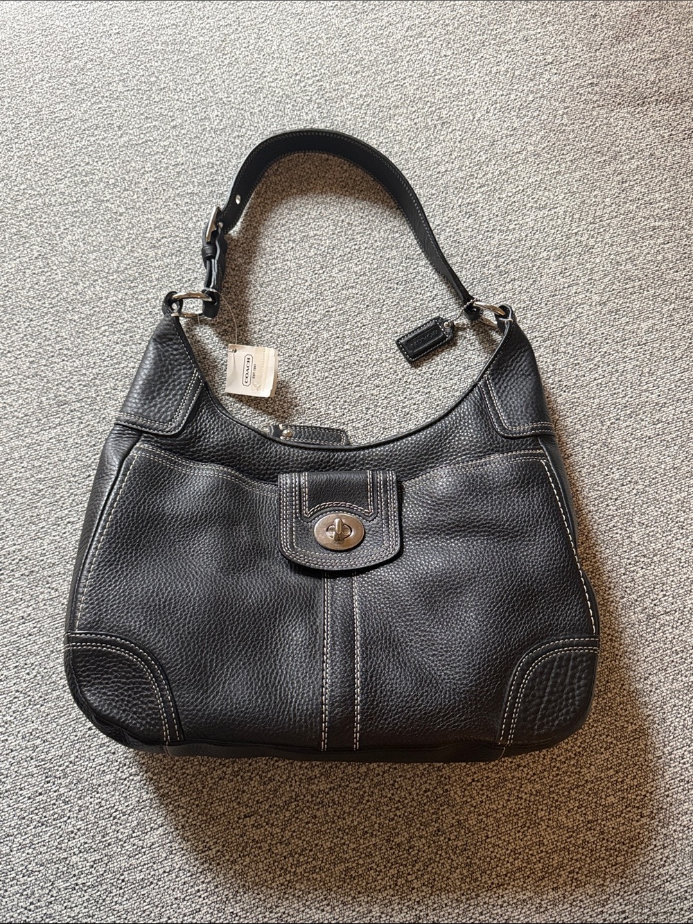 Coach Black Pebbled Leather Shoulder Bag with White Stitching
